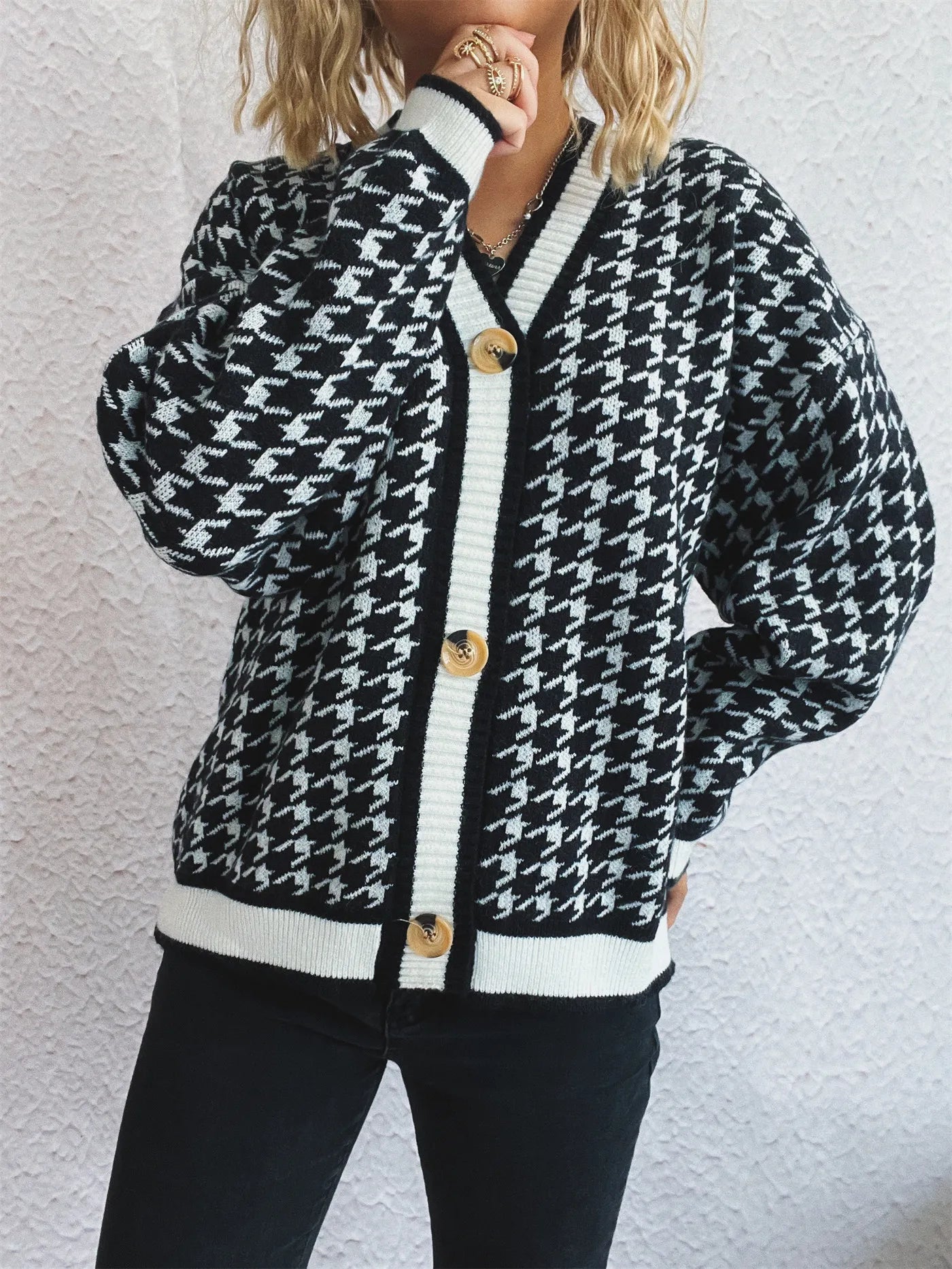 Stitching Plaid Knitted Women's Sweater
