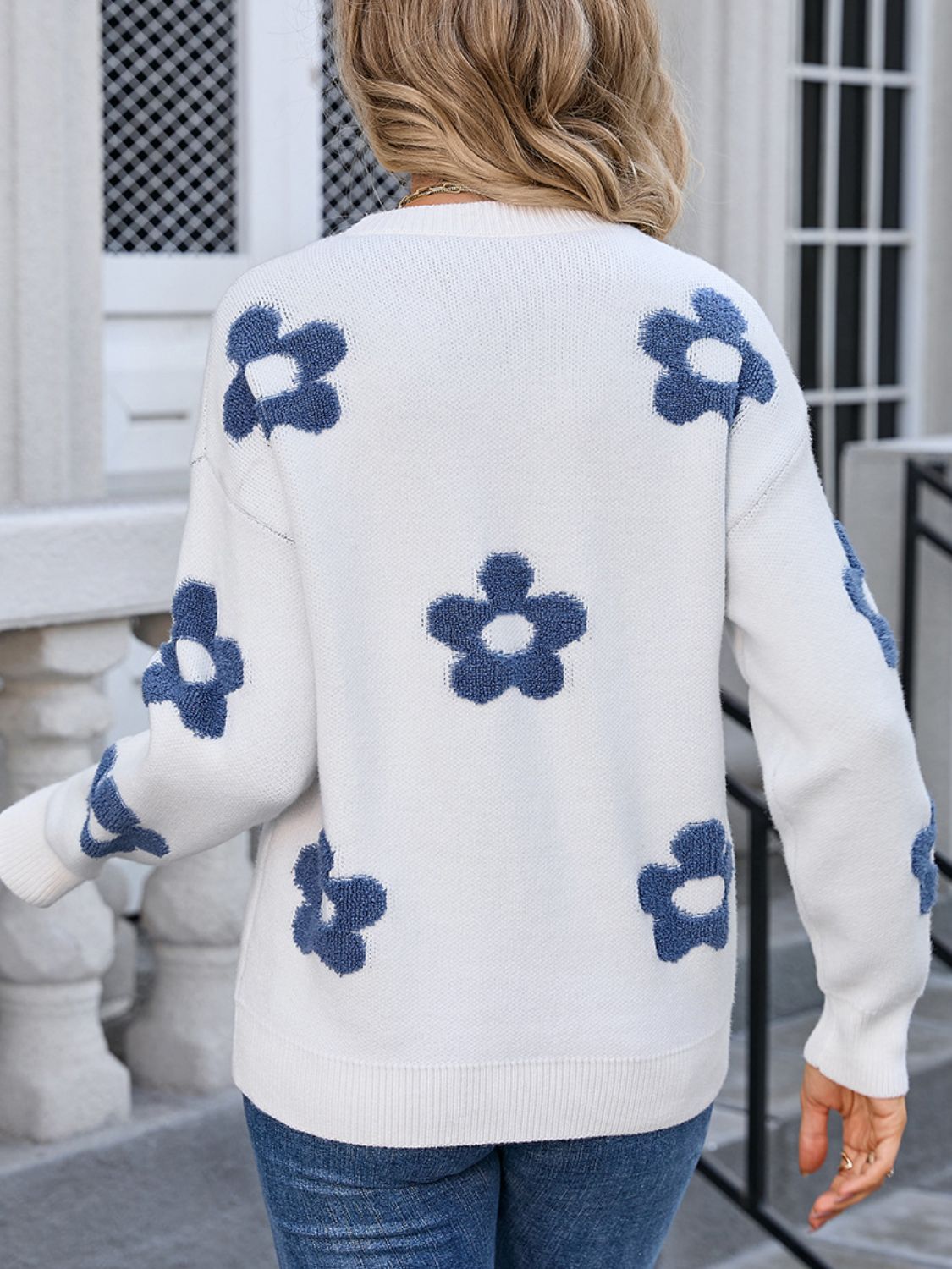 Angel Wings Flower Embroidered Round Neck Long Sleeve Sweater for Women