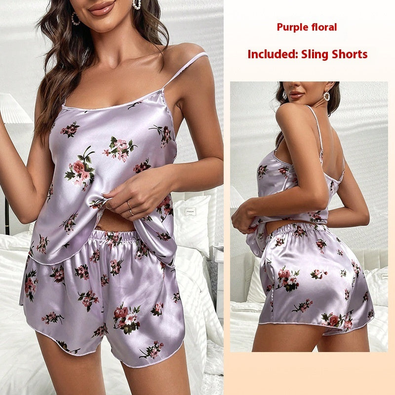 Satin Print Suspender Shorts Pajamas Suit