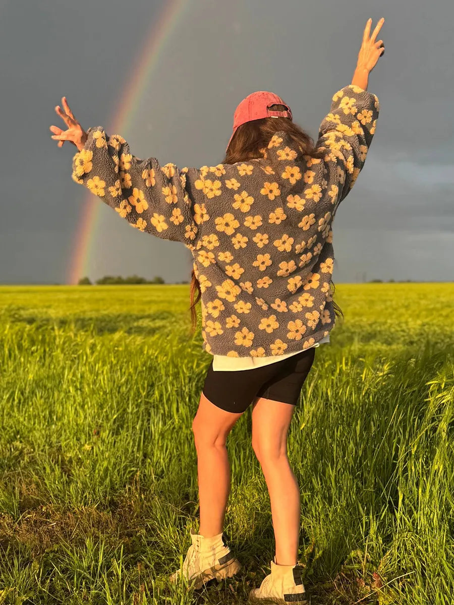 Winter Flowers Lambskin Sweatshirt With Big Pocket Casual Loose Zip-up Lapel Pullover Top Women's Clothing