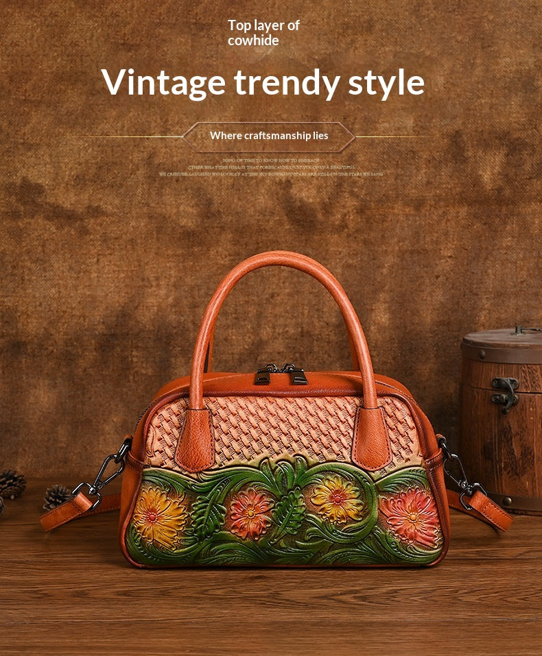 Retro Ethnic-style Full-grain Leather Shoulder Bag For Women