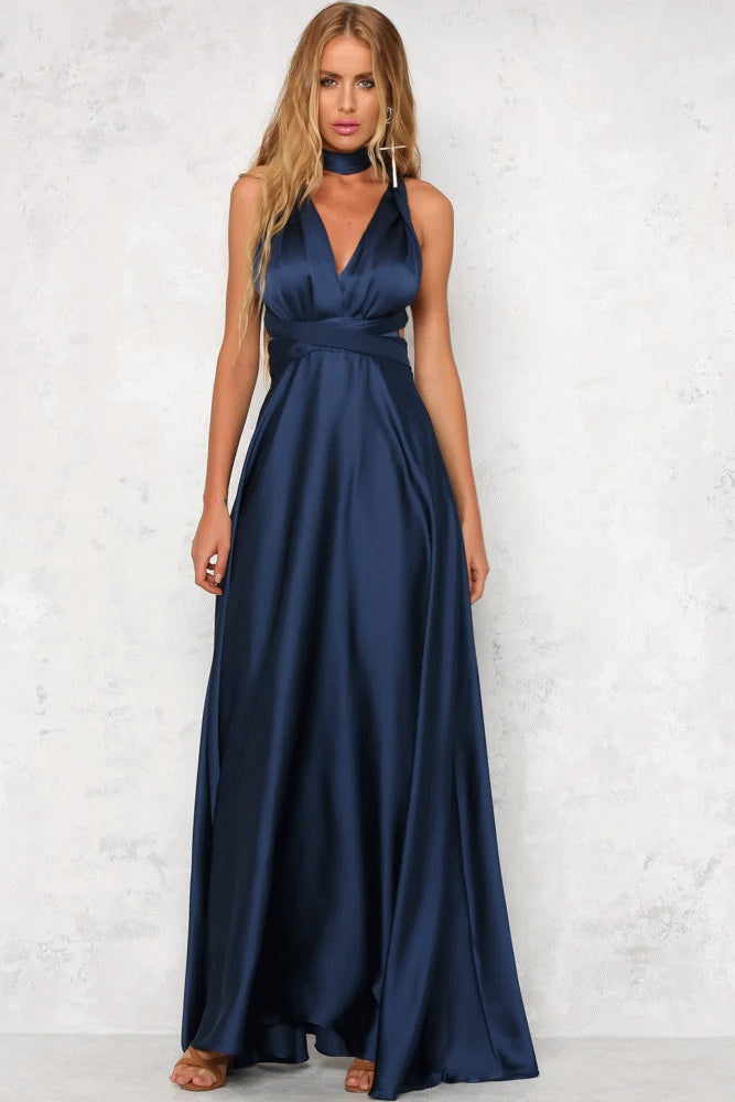 Deep V-neck Sleeveless Lace-up Sexy Backless High Waist Large Swing Satin Dress