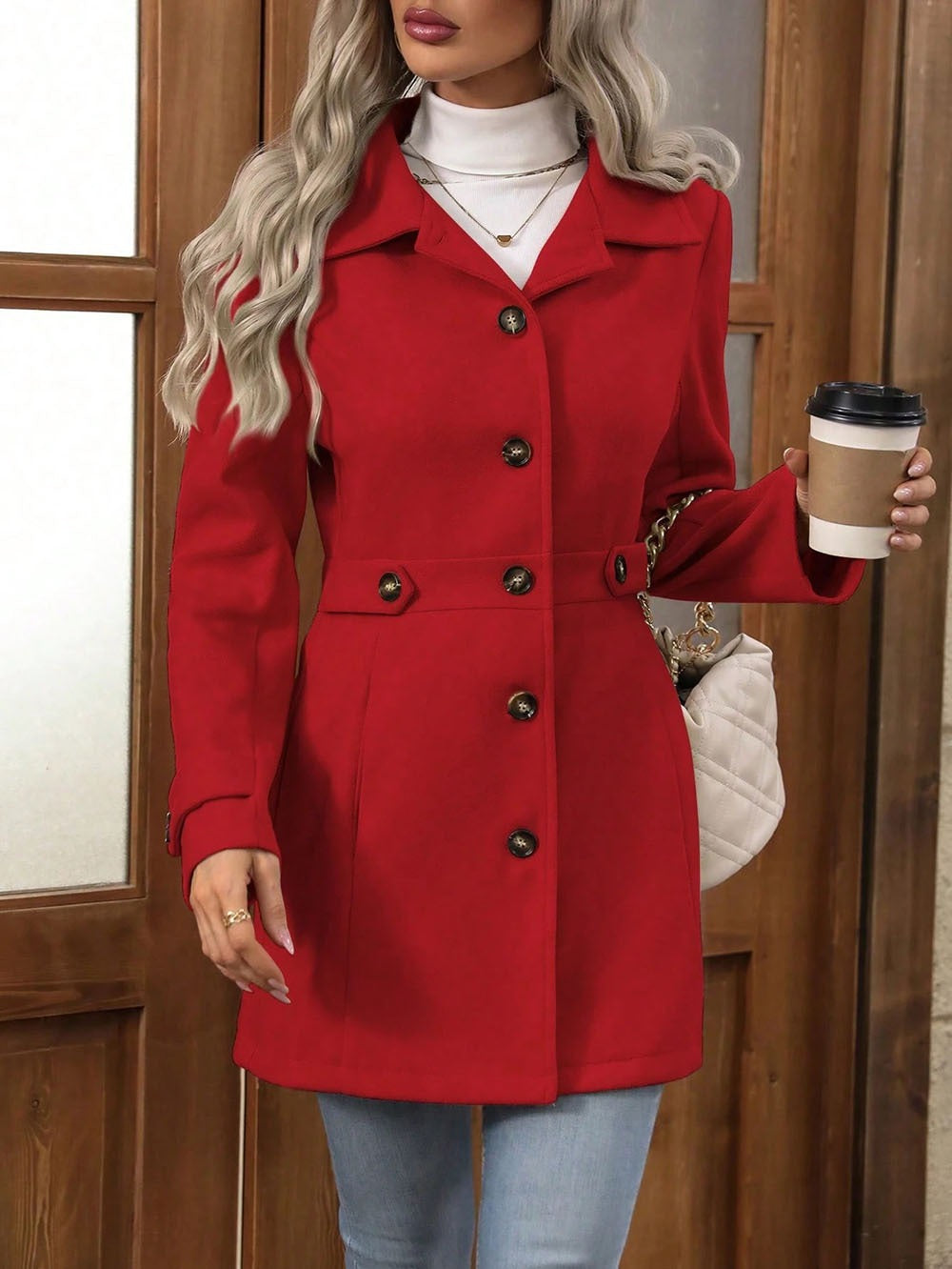 Mid-length Elegant Lapel Button Temperament Slim-fit Woolen Coat