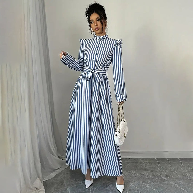 Women's Floral Print Long Sleeve Stand Collar A-Line Maxi Dress -  Free USA Shipping