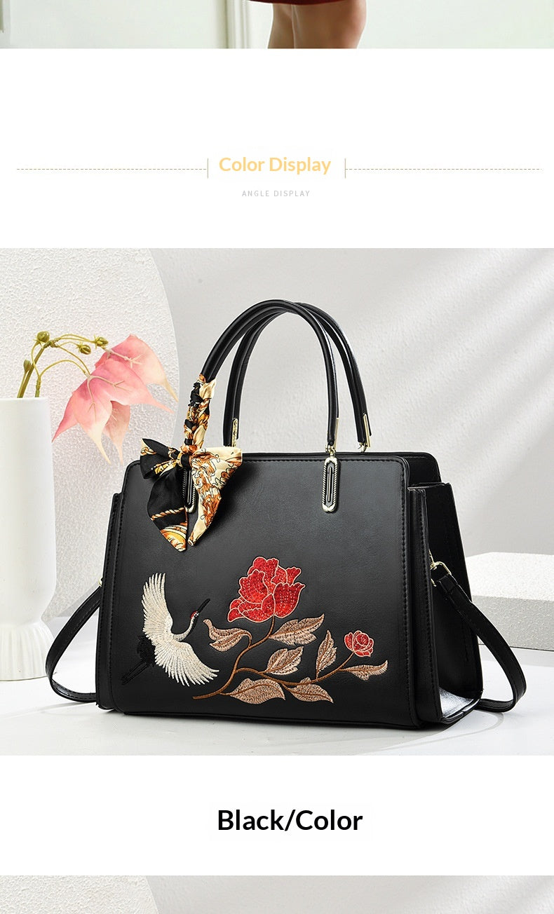 Womens New Chinese-Style National-Flair Embroidered Crane Fashion Crossbody Tote Bag
