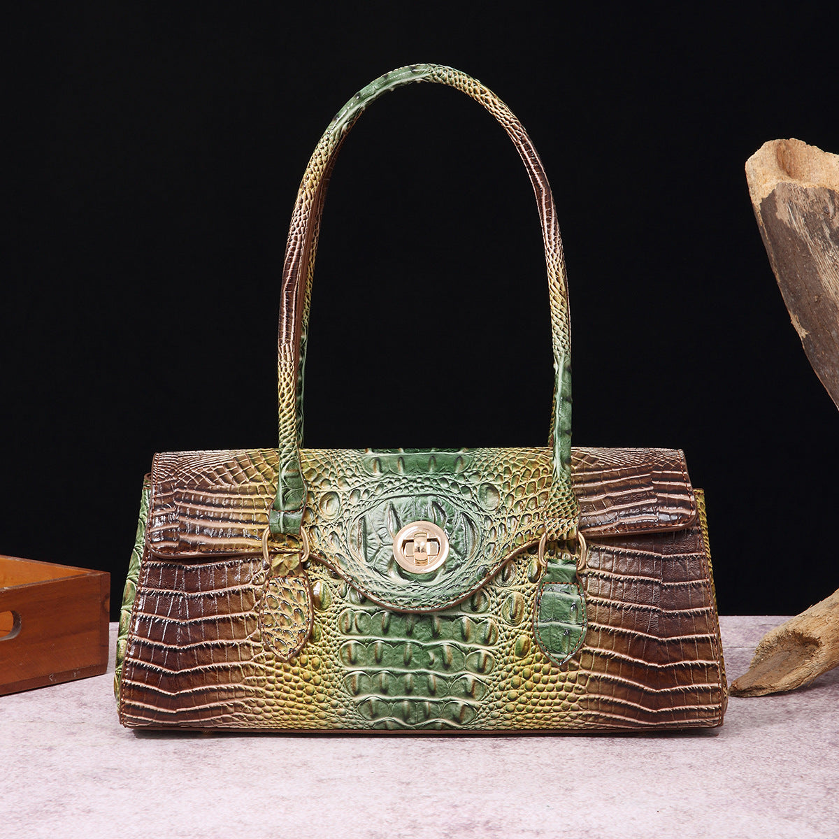 Womens Crocodile-Print Brahmin Shoulder Tote Bag