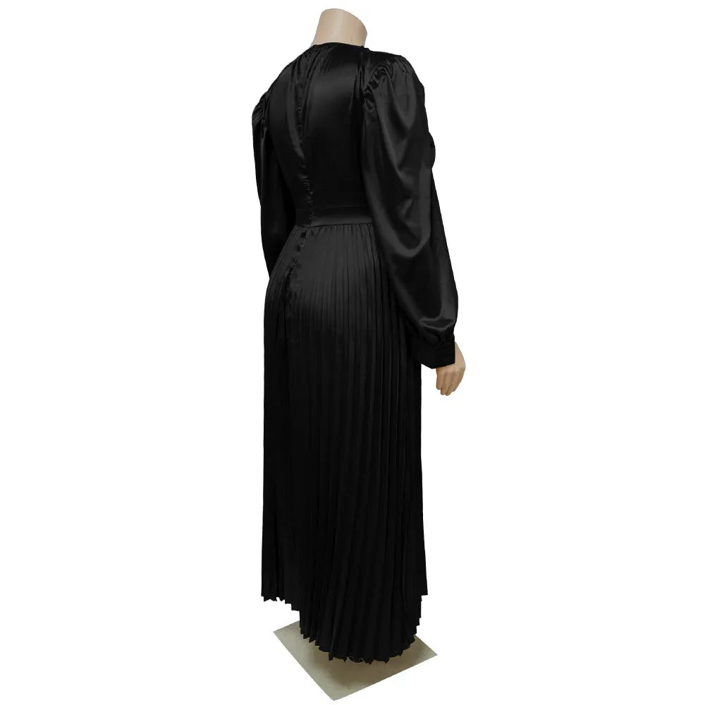 Pleated Round-neck Long Dress Women