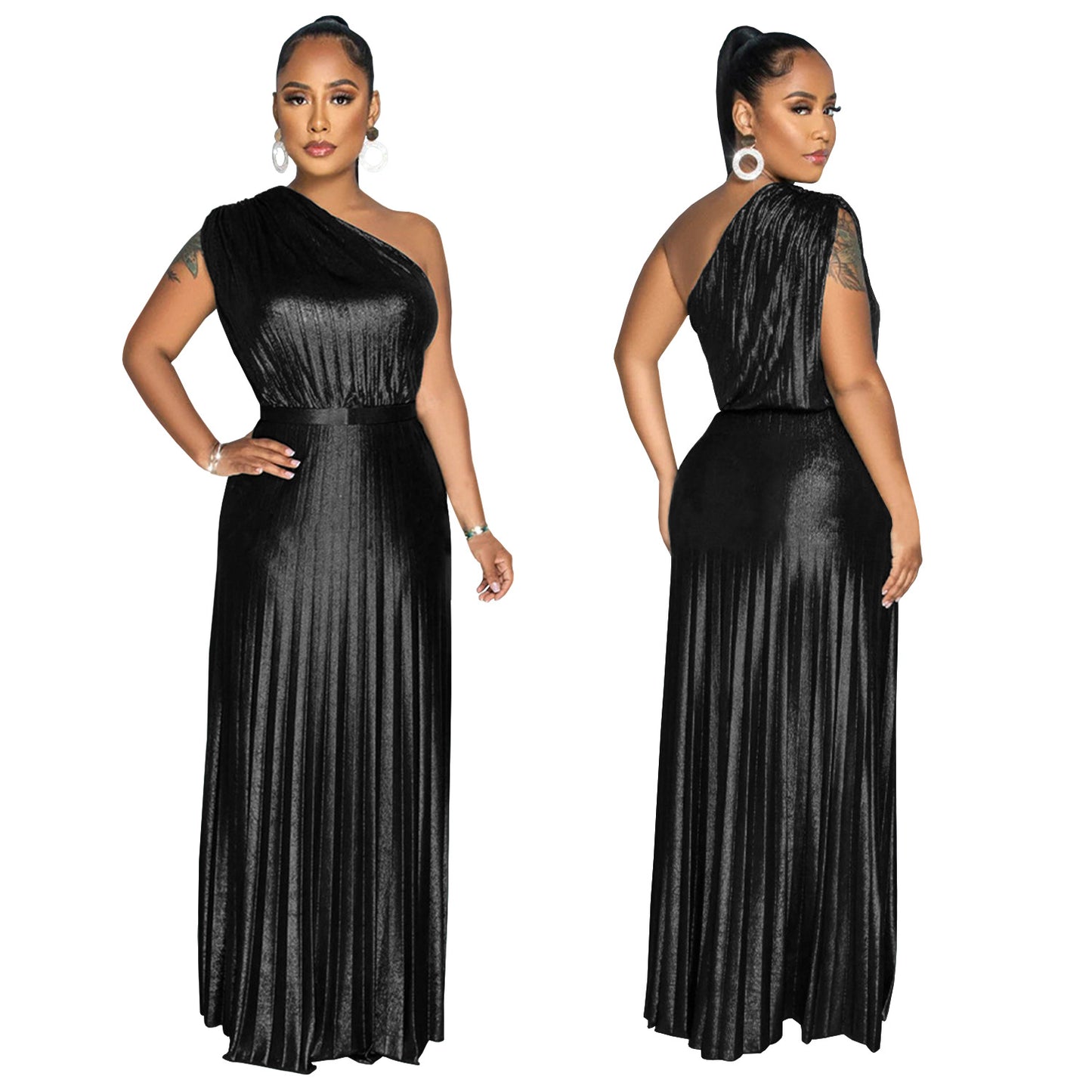 European And American Fashion Elegant Bronzing Oblique Shoulder Sleeveless Solid Color Dress