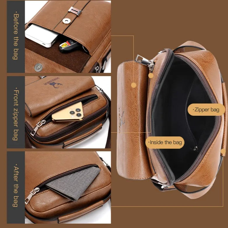 Leather Messenger Crossbody Shoulder Bag For Men Work Business Casual Adjustable Straps With  Metal Zipper-FREE USA SHIPPING