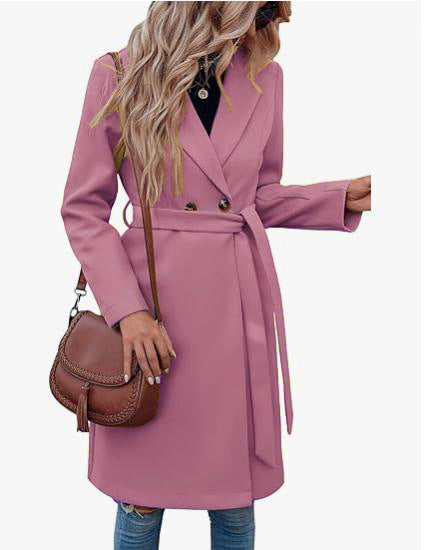 Long Woolen Women's Waist-controlled Lace-up Double Breasted Coat