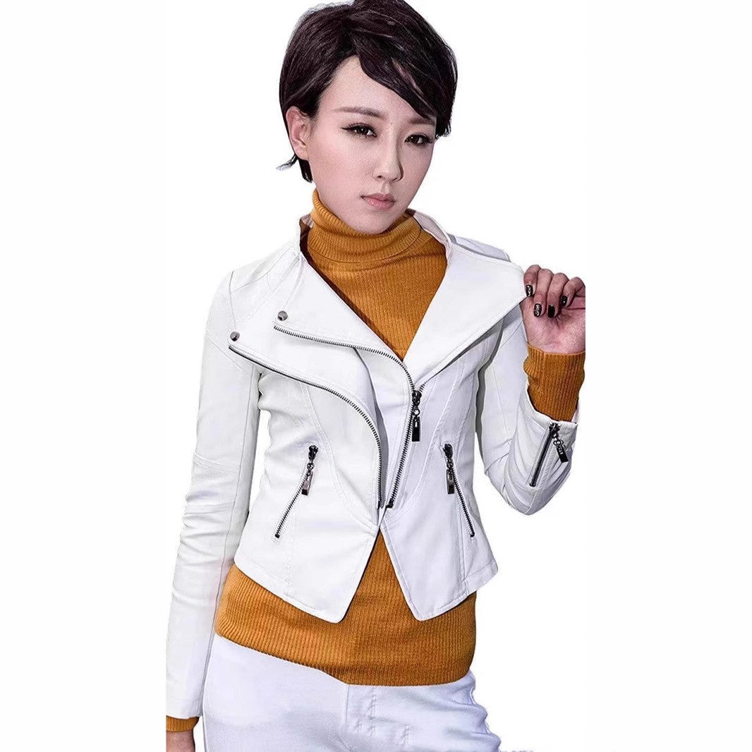 New Women's Leather Top Coat European And American Fashion Motorcycle Slim Fit Short Leather Jacket Zipper One Generation