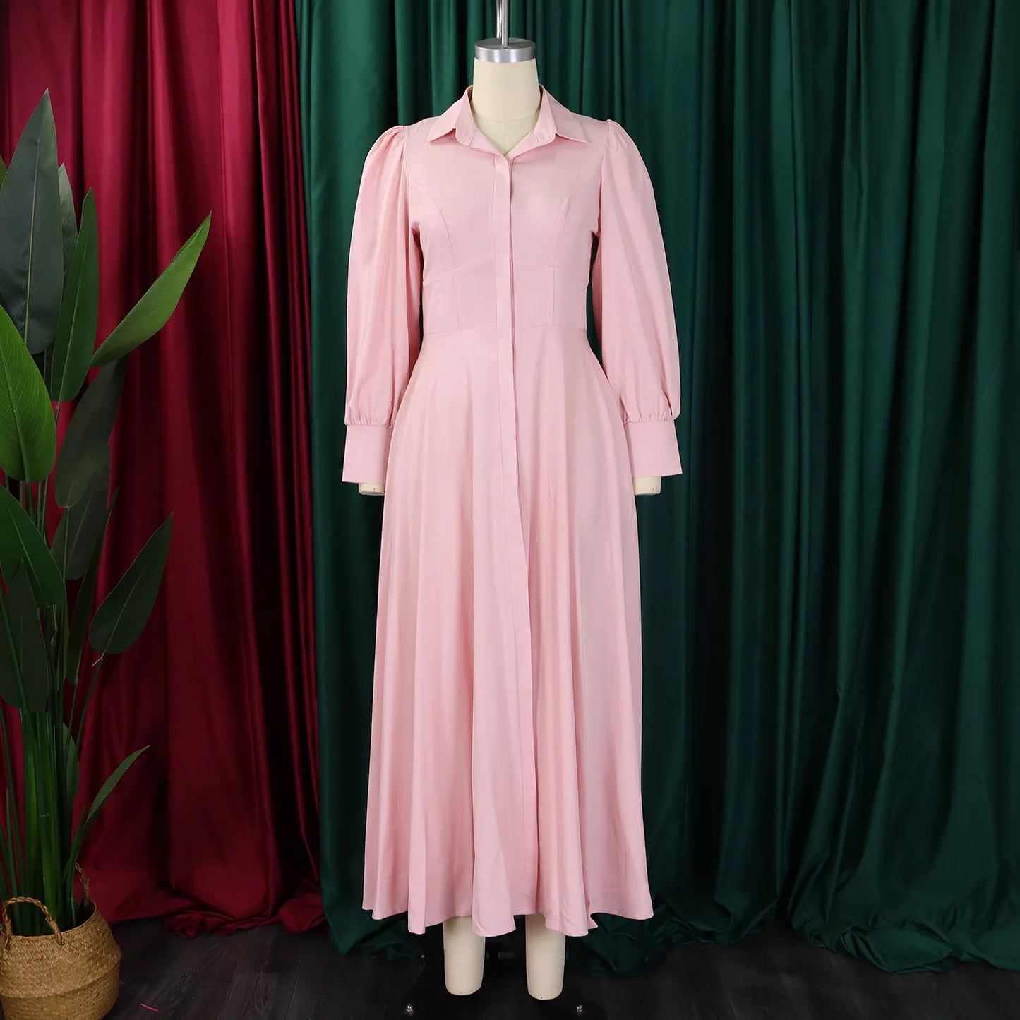 Women's Elegant Long Sleeve Big Hem Shirt Solid Color Dress