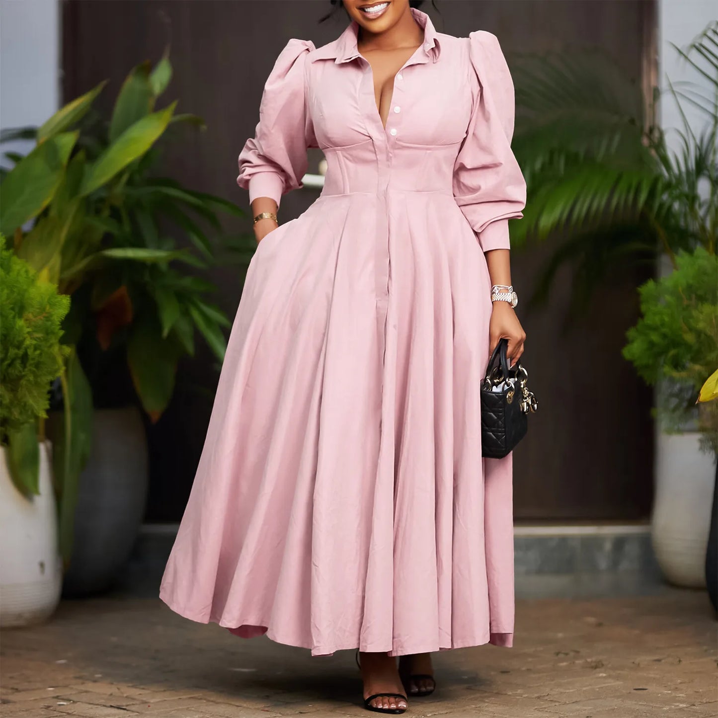 Women's Elegant Long Sleeve Big Hem Shirt Solid Color Dress