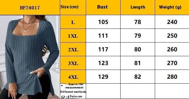 Rib Fabric Brushed Square Collar Long Sleeve Top