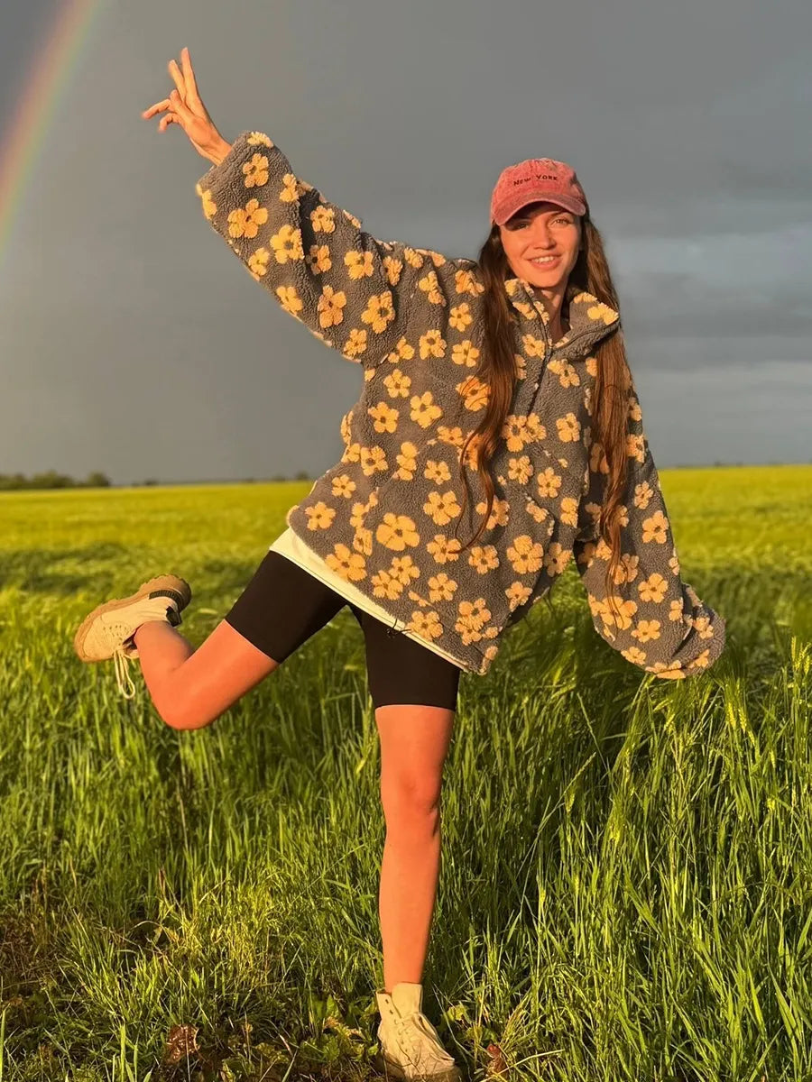 Winter Flowers Lambskin Sweatshirt With Big Pocket Casual Loose Zip-up Lapel Pullover Top Women's Clothing