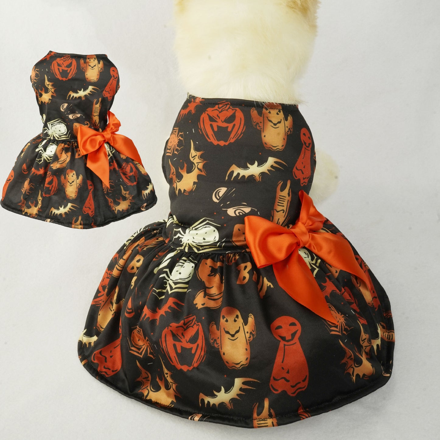 Halloween Small Dog Clothes Pet Dress Pumpkin Print Dress Mesh Dress Pet Party Clothing Cat Dog Costume