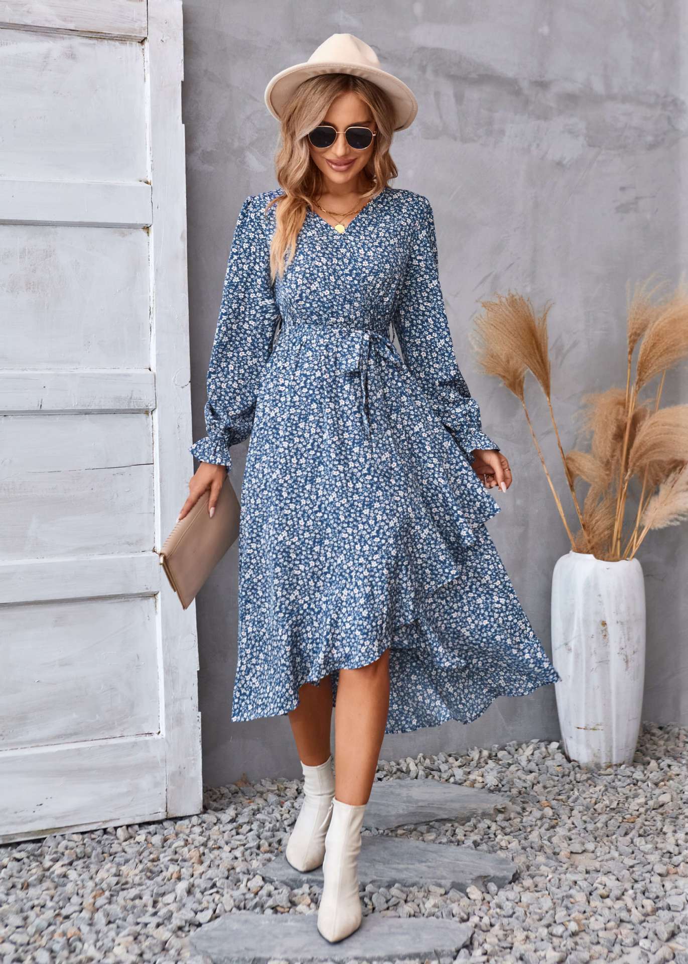 Flowers Print Long Sleeve Dress Fashion Ruffled Commuter Temperament Dresses Womens Clothing