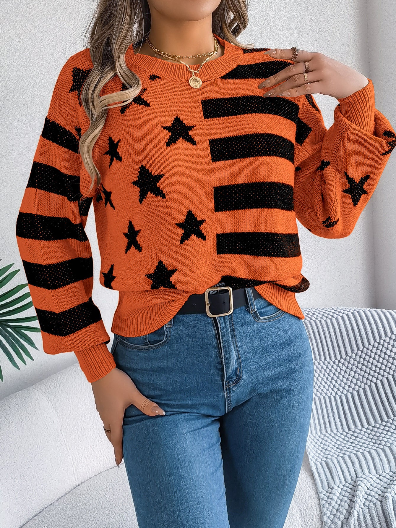 Casual Star Stripes Lantern Long Sleeve Pullover