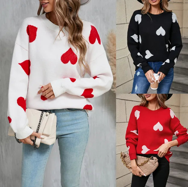Love Little Peach Heart Plus Size Sweater Round Neck Knitted Pullover For Women