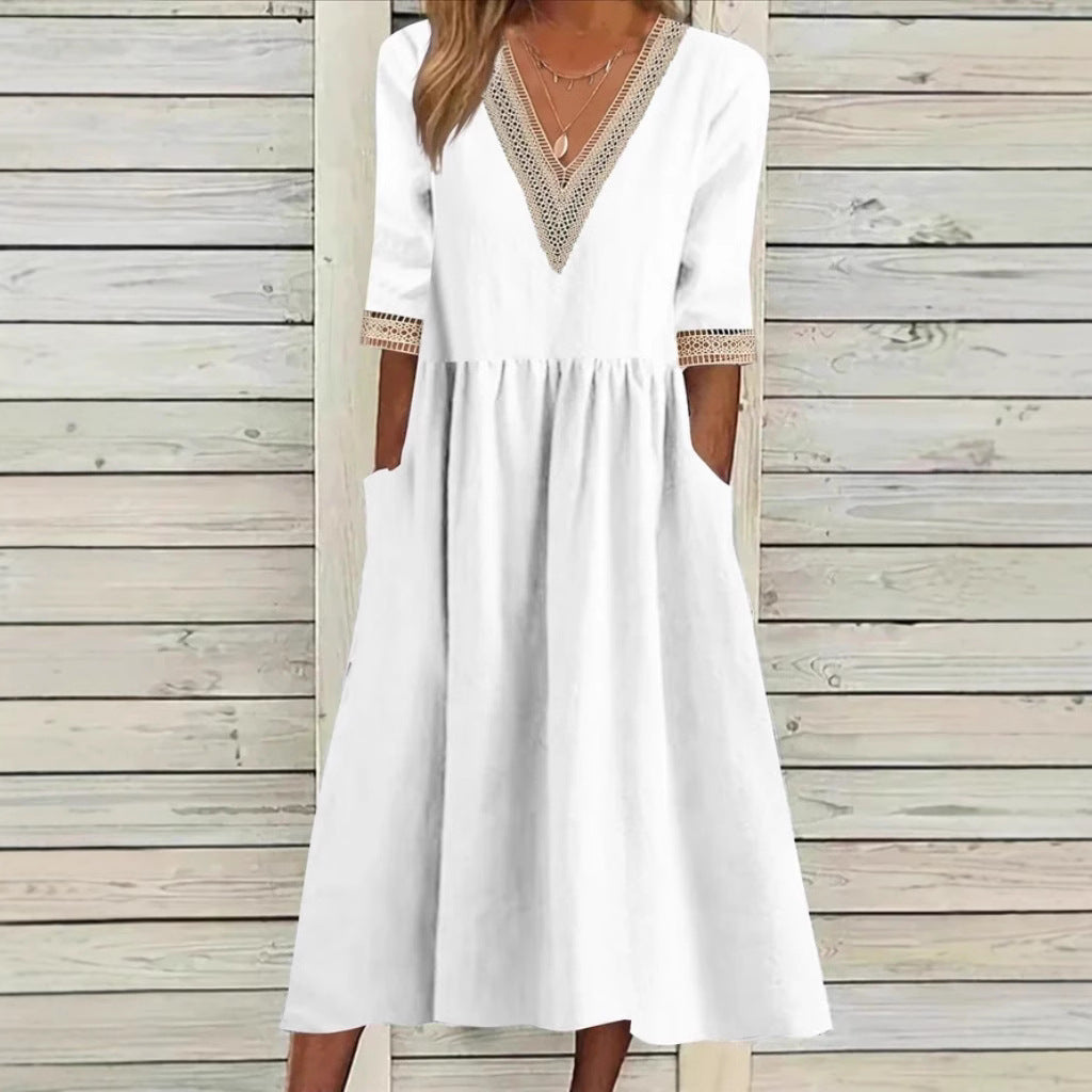 Cotton And Linen Lace Collar Half Sleeve Mid-length Dress