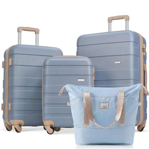 Luggage Set Of 4, Expandable ABS Durable Suitcase With Travel Bag, Carry-on Suitcase Set With 360 Degrees Swivel Wheels, Light Blue- FREE USA SHIPPING