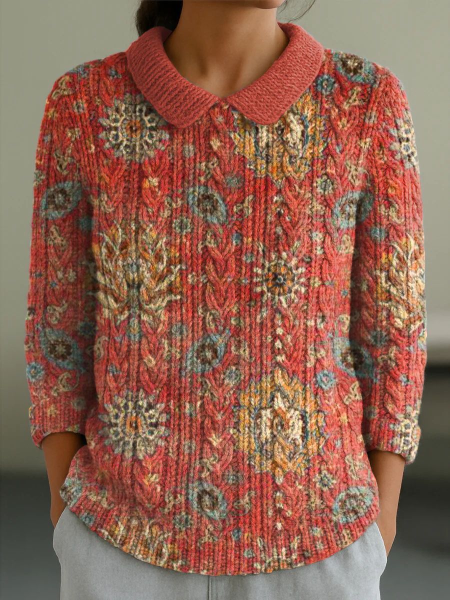 Autumn And Winter New Women's Doll Collar Knitted Jacquard Fabric French Retro Printed Top