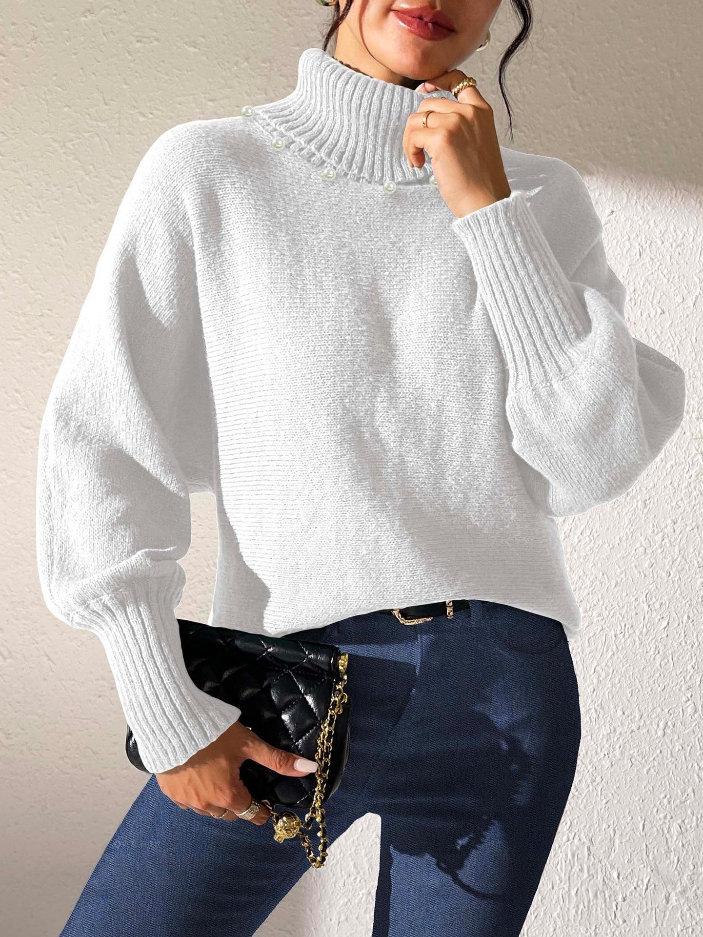 Women's Solid Color Simple Top Pearl Beaded Turtleneck Sweater Women's Base Shirt