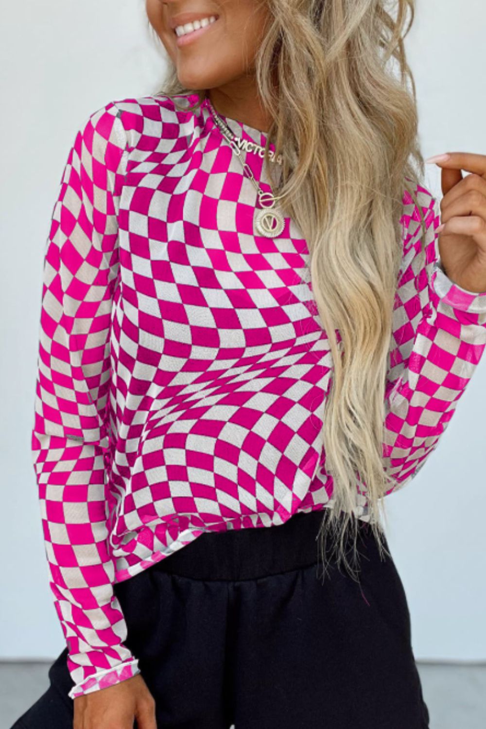 Checkered Mock Neck Long Sleeve Blouse