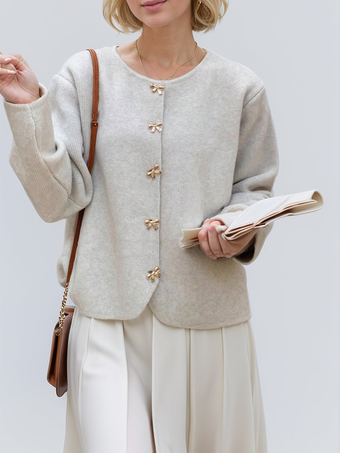 Bow Button Down Round Neck Long Sleeve Cardigan