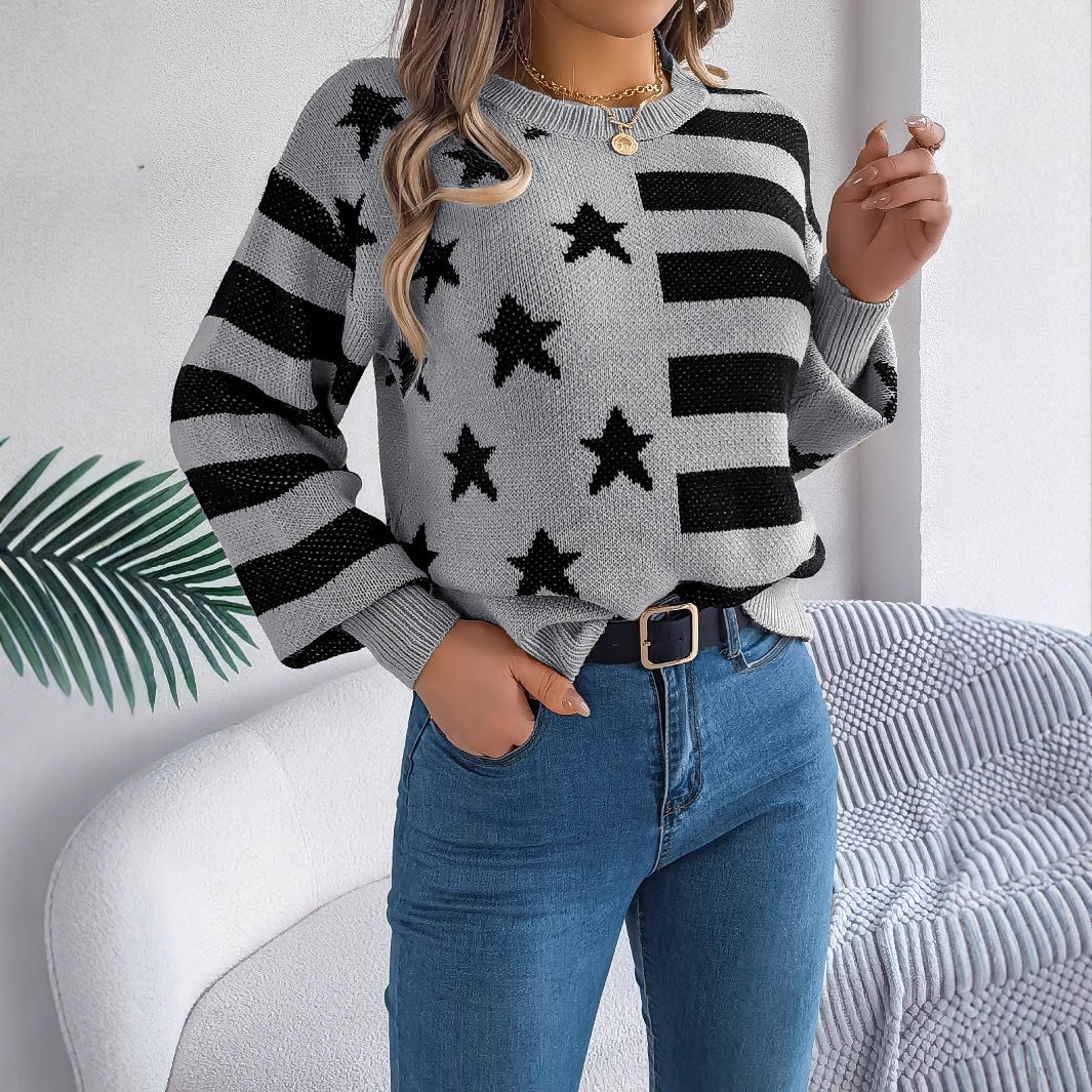 Casual Star Stripes Lantern Long Sleeve Pullover
