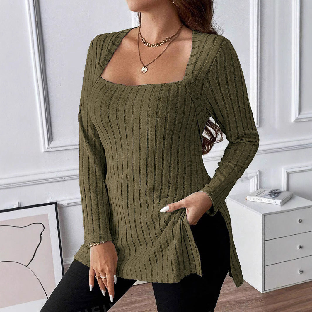 Rib Fabric Brushed Square Collar Long Sleeve Top