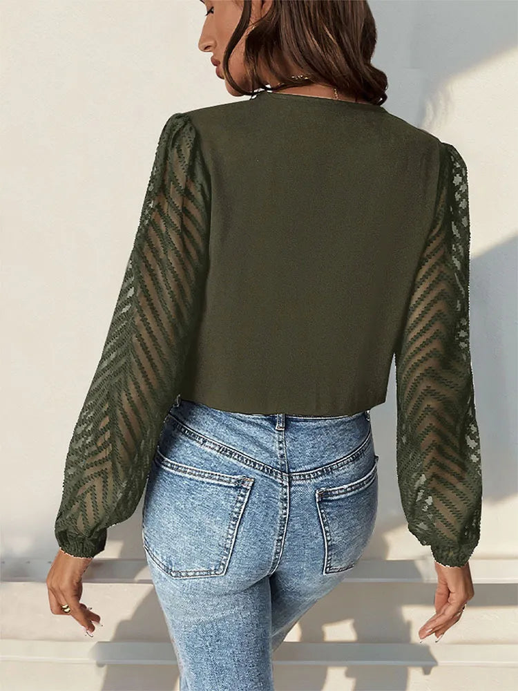 All-matching Solid Color And V-neck Pleated Lace See-through Long-sleeved Top
