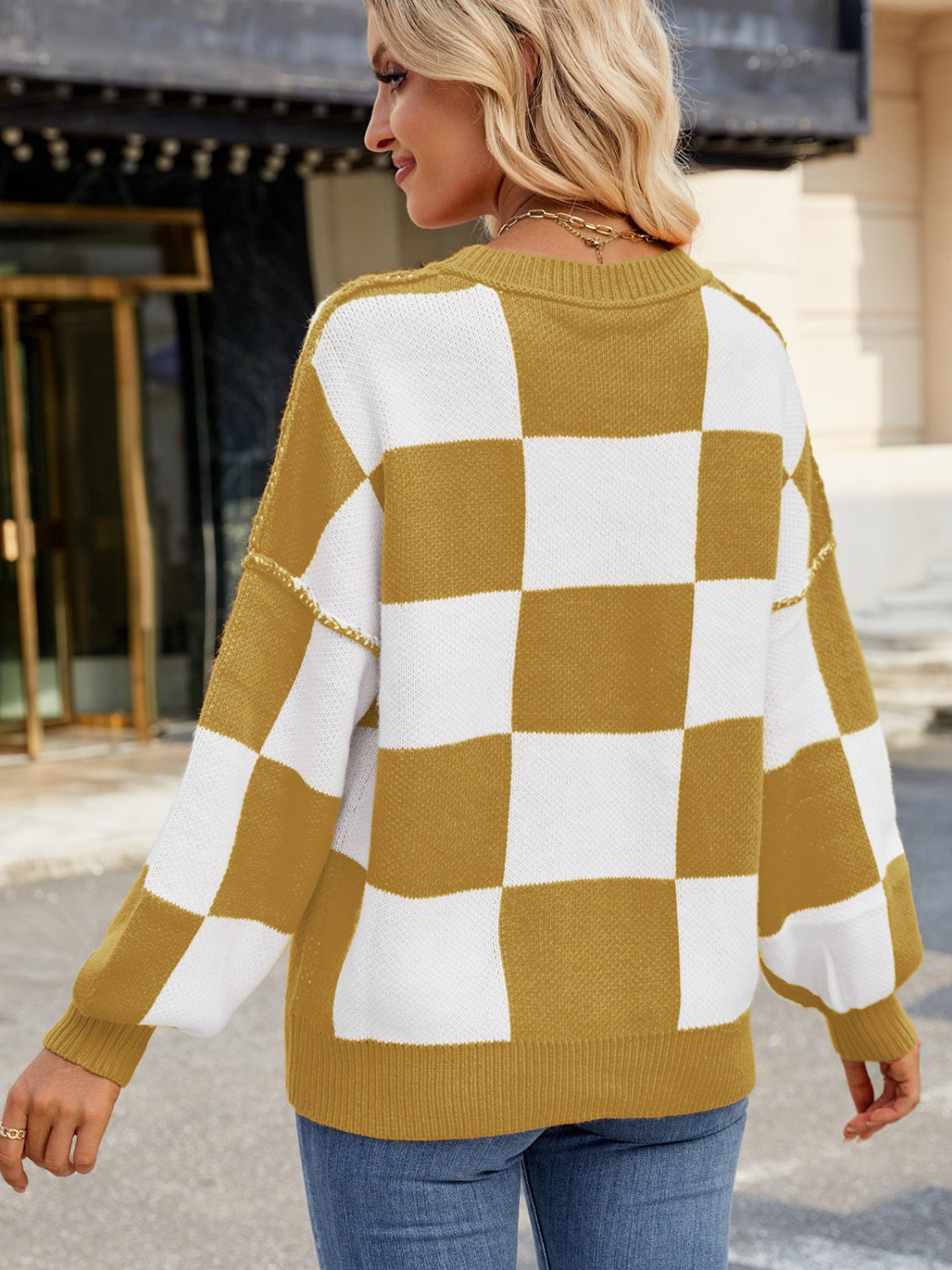 Plaid Round Neck Long Sleeve Sweater