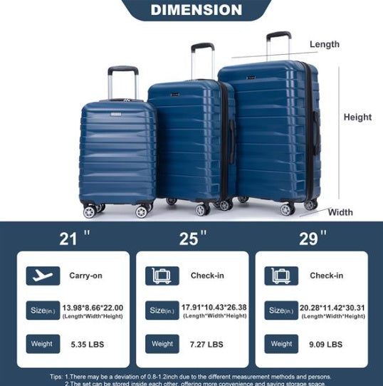 3 Piece Suitcase Set PC Lightweight And Durable Expandable Carrying Case With Two Hooks, Double Swivel Wheels, TSA Lock, 21-25-29 Dark Blue- FREE USA SHIPPING