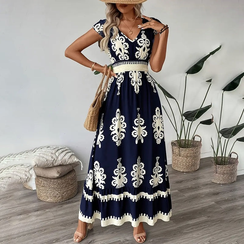 Women's Summer Flowy Maxi Dress Casual Cap Sleeve V Neck Smocked Waist Beach Sundress-FREE USA SHIPPING