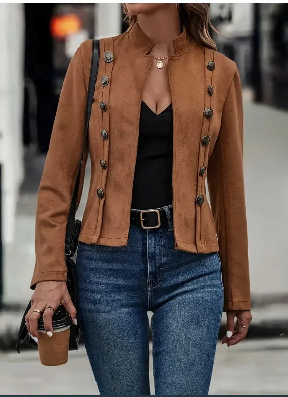 Double-row Metal Buckle Deerskin Velvet Retro Long-sleeved Coat