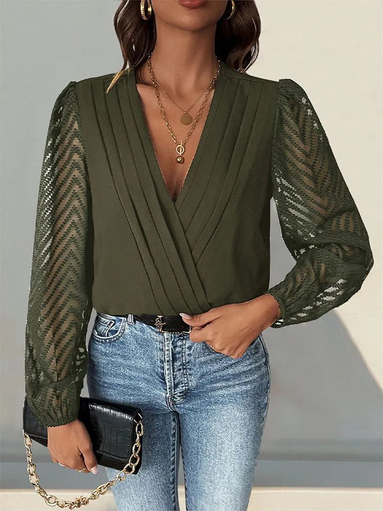 All-matching Solid Color And V-neck Pleated Lace See-through Long-sleeved Top
