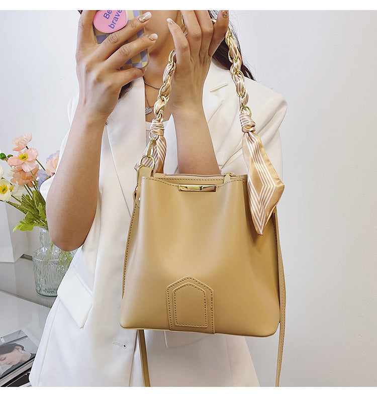 Leather Bucket Tote Bag with Chain Sling Handle