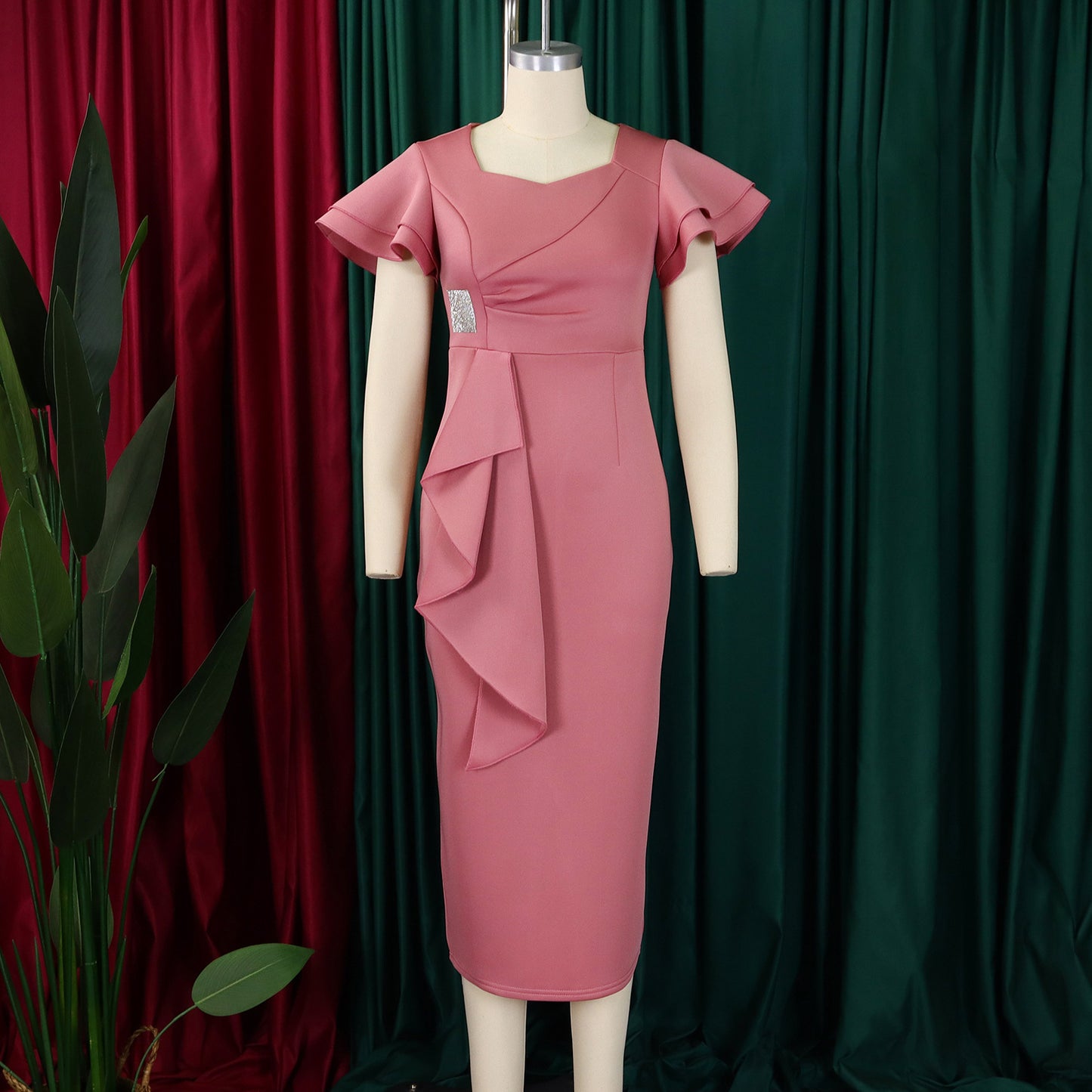 Fashionable Elegant Ruffled Solid Color Sheath