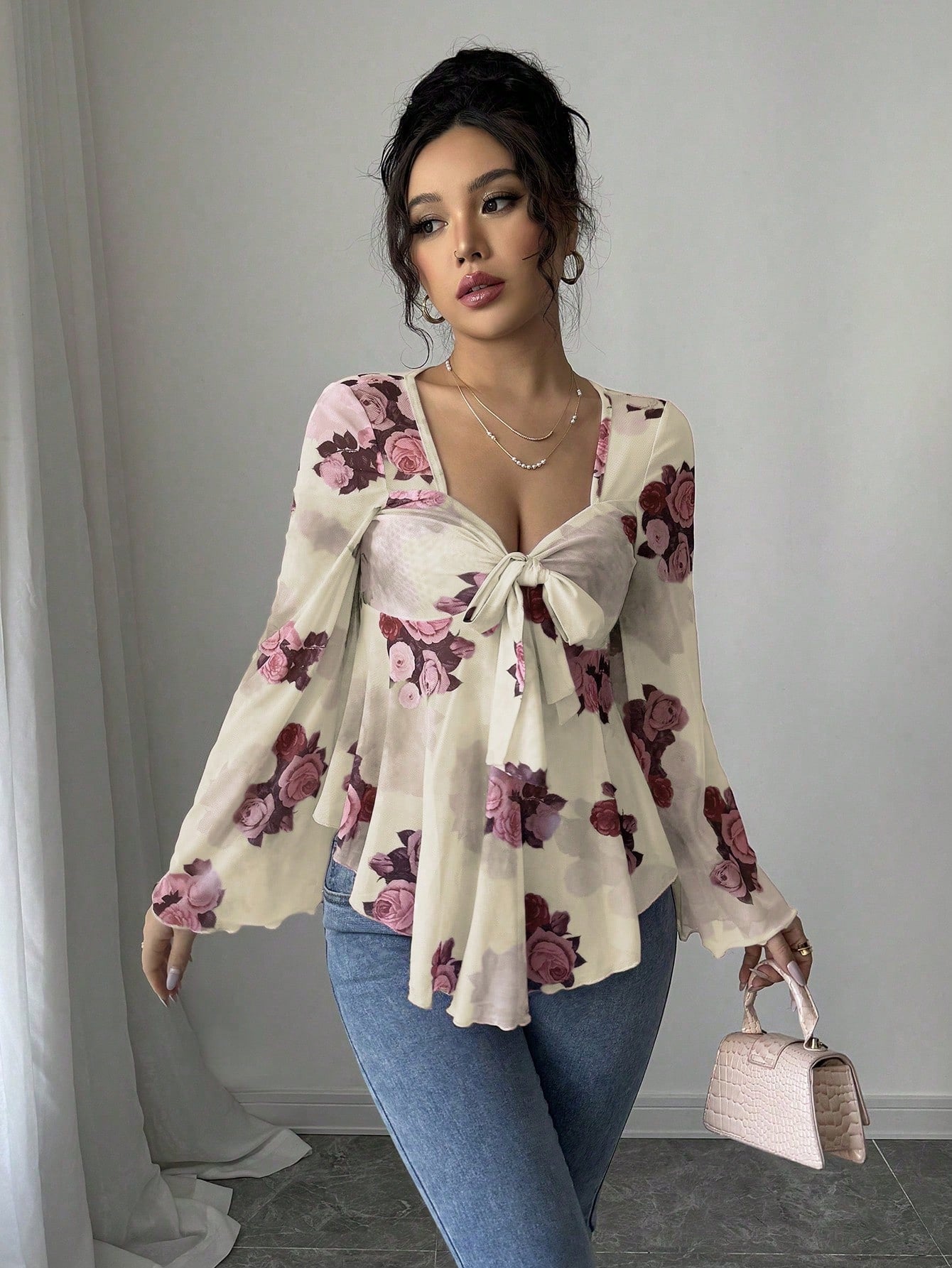 European And American Design Sense French Sweet Flower Blooming Lace-up Square Collar Long Sleeve Shirt
