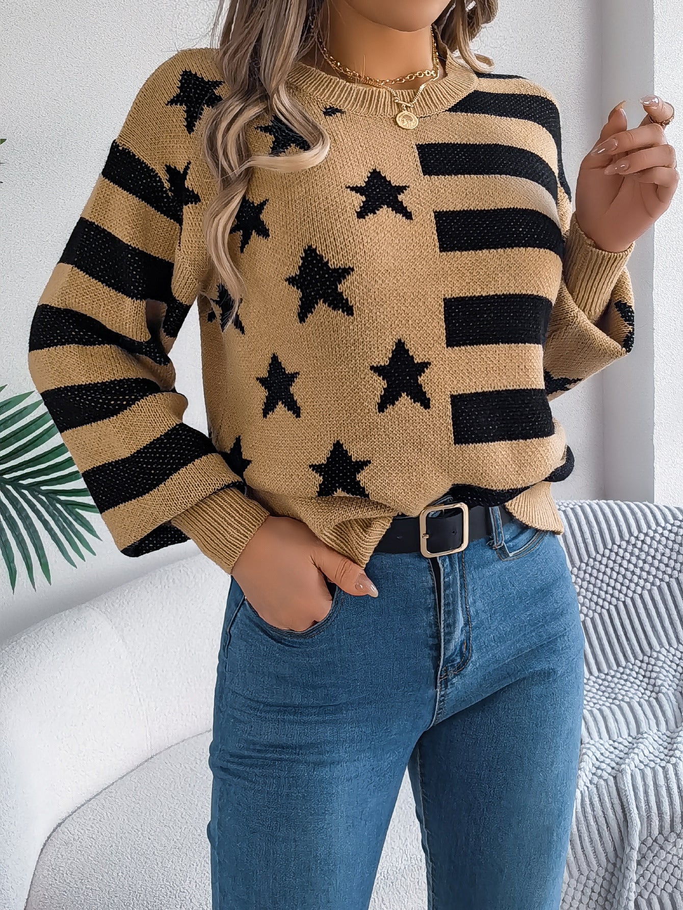 Casual Star Stripes Lantern Long Sleeve Pullover