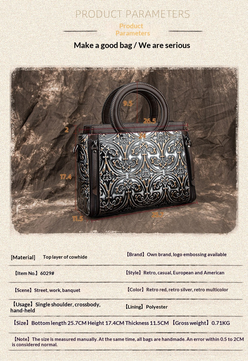 Retro First-Layer Cowhide Embossed Handbag Shoulder Crossbody Bag