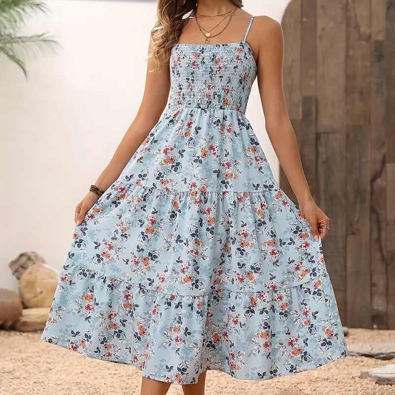 Womens Summer Floral Midi Dress Smocked Spaghetti Strap Sleeveless Tiered Casual Flowy-FREE USA SHIPPING Dresses