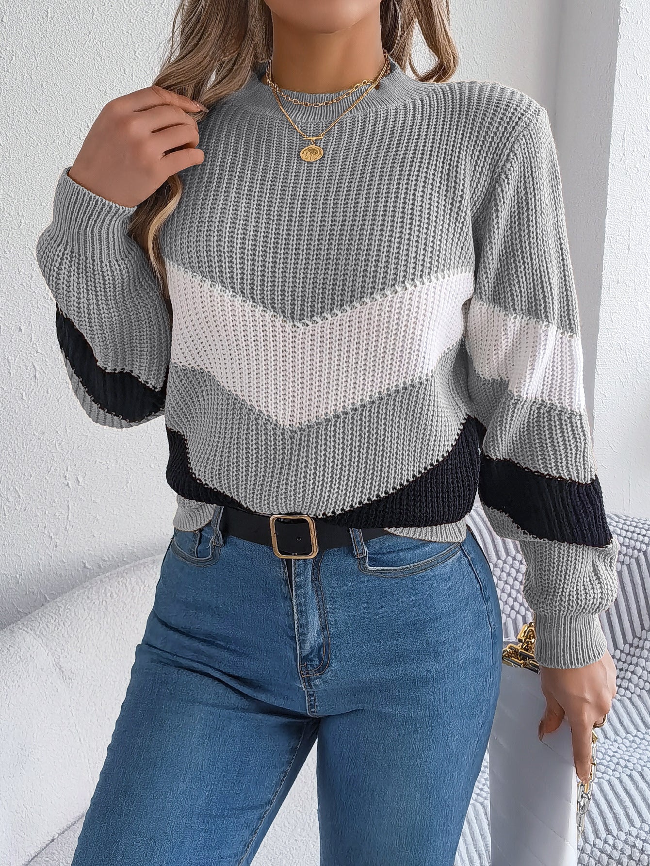 Casual Multicolor Lantern Long Sleeve Pullover