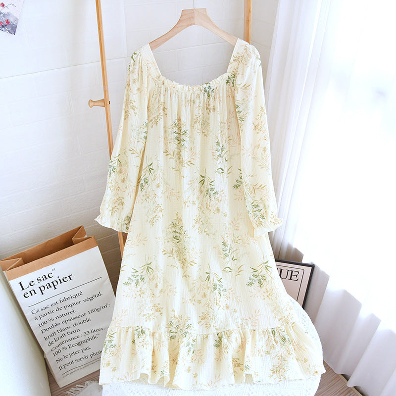 Cotton Crepe Chest Pad Long Sleeve Skirt U-collar Pullover Nightdress