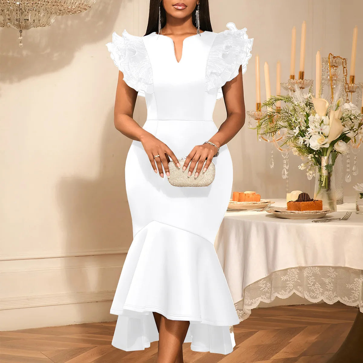 Banquet Temperament High Waist Lotus Leaf Pleated Short Sleeve Dress