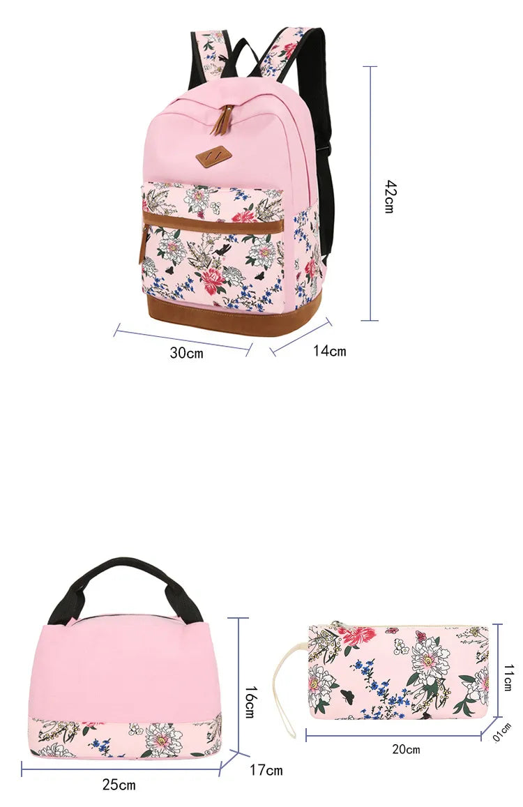 Floral Bags 3pcs Schoolbag Backpack Lunch Bag And Wallets