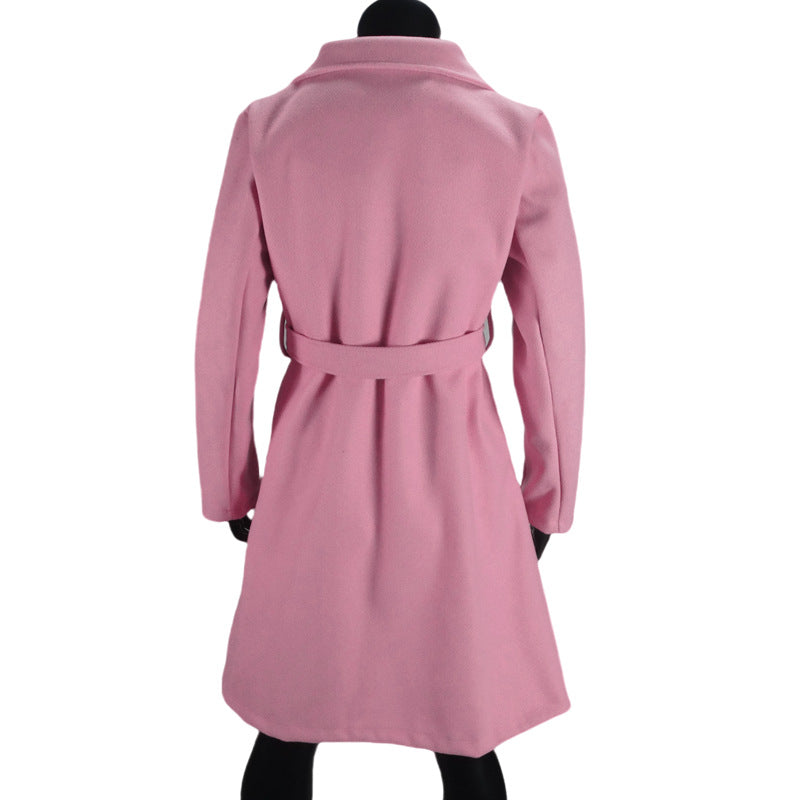 Long Woolen Women's Waist-controlled Lace-up Double Breasted Coat