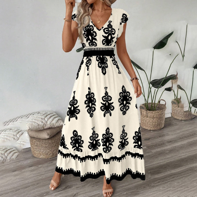 Women's Summer Flowy Maxi Dress Casual Cap Sleeve V Neck Smocked Waist Beach Sundress-FREE USA SHIPPING