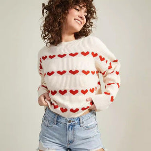 Sweet Cute Love Heart Two-tone Jacquard Contrast Color Round Neck Long Sleeve Sweater